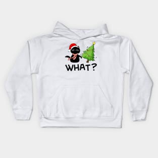 Funny Black Cat Wearing Santa Hat Pushing Christmas Tree Over Cat What? Kids Hoodie